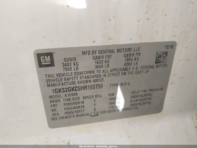 Продаж на аукціоні авто 2017 Gmc Yukon Xl Slt, vin: 1GKS2GKC5HR193759, номер лоту: 45192156