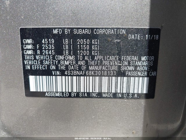 Продажа на аукционе авто 2019 Subaru Legacy 2.5i Premium, vin: 4S3BNAF68K3018131, номер лота: 45192168