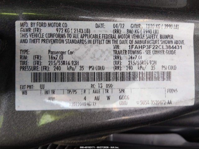Продаж на аукціоні авто 2012 Ford Focus Se, vin: 1FAHP3F22CL384431, номер лоту: 45192171
