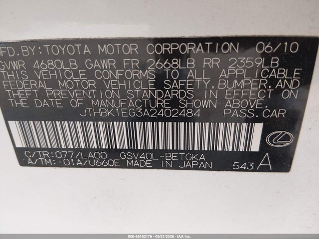 45192176 :رقم المزاد ، JTHBK1EG3A2402484 vin ، 2010 Lexus Es 350 مزاد بيع
