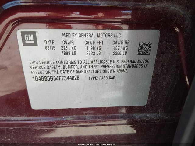 45192188 :رقم المزاد ، 1G4GB5G34FF344826 vin ، 2015 Buick Lacrosse Leather مزاد بيع