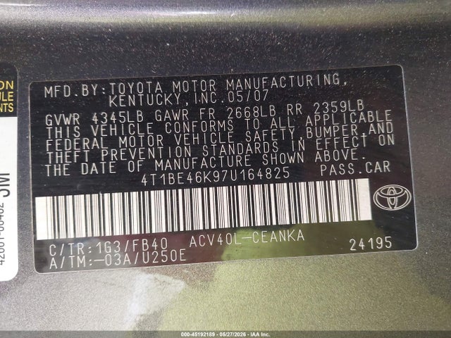 45192189 :رقم المزاد ، 4T1BE46K97U164825 vin ، 2007 Toyota Camry Le مزاد بيع