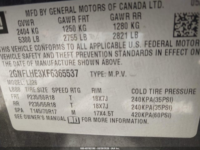 Продажа на аукционе авто 2015 Chevrolet Equinox Ltz, vin: 2GNFLHE3XF6365537, номер лота: 45192190