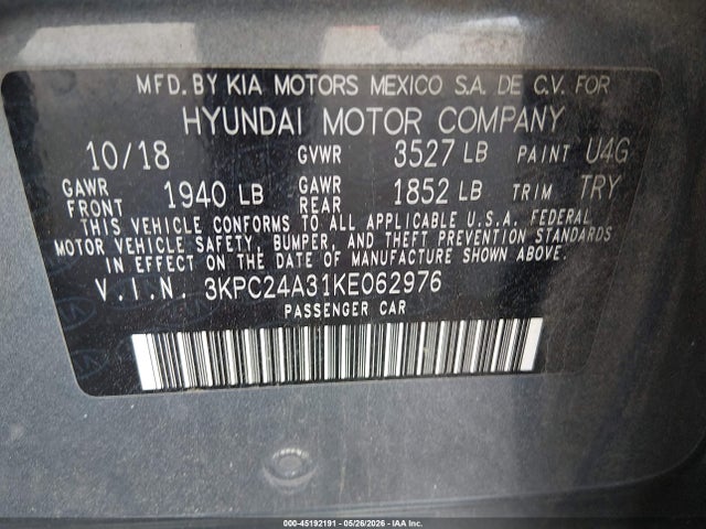 Aukcja sprzedaży 2019 Hyundai Accent Se, vin: 3KPC24A31KE062976, numer aukcji: 45192191