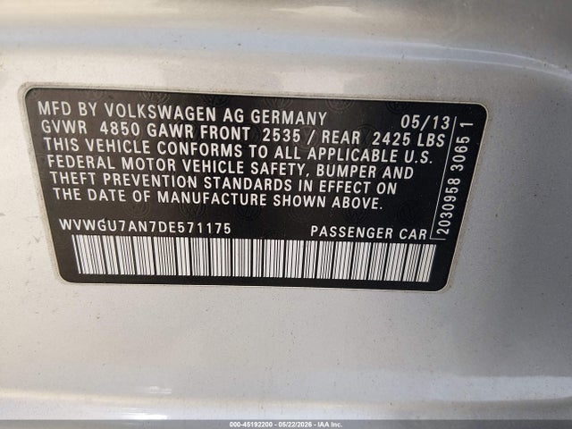 Auction sale of the 2013 Volkswagen Cc Vr6 4motion, vin: WVWGU7AN7DE571175, lot number: 45192200