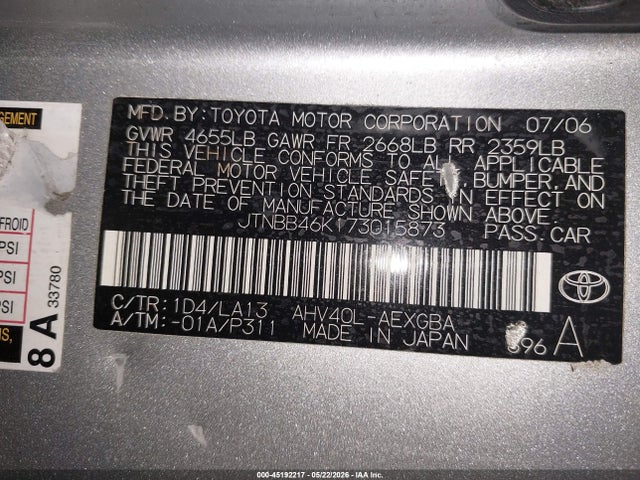 Продаж на аукціоні авто 2007 Toyota Camry Hybrid, vin: JTNBB46K173015873, номер лоту: 45192217
