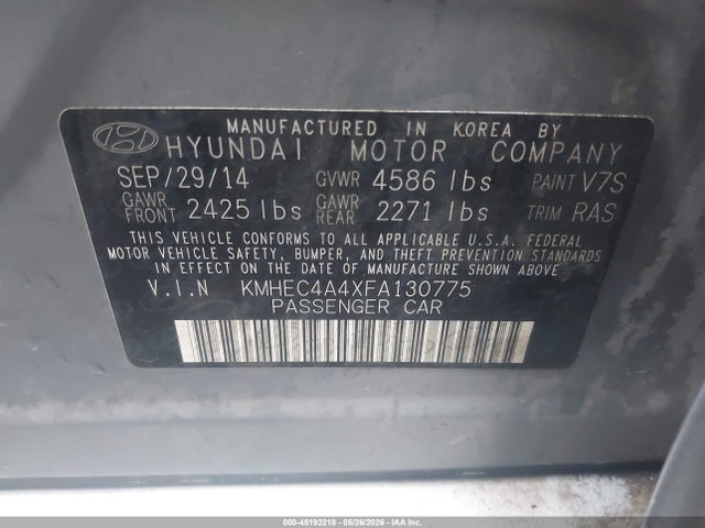 2015 Hyundai Sonata Hybrid მანქანა იყიდება აუქციონზე, vin: KMHEC4A4XFA130775, აუქციონის ნომერი: 45192218