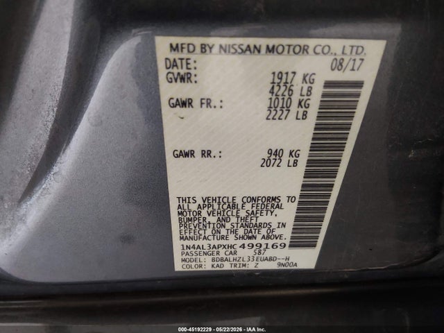 Aukcja sprzedaży 2017 Nissan Altima 2.5 Sr, vin: 1N4AL3APXHC499169, numer aukcji: 45192229
