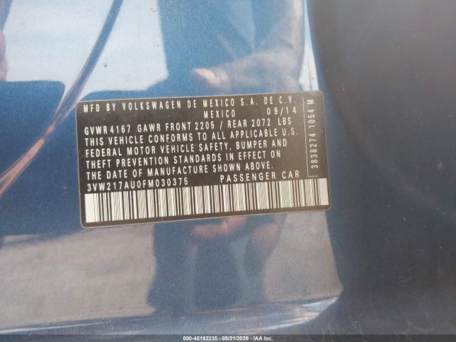 Aukcja sprzedaży 2015 Volkswagen Golf Tsi S 4-door, vin: 3VW217AU0FM030375, numer aukcji: 45192235