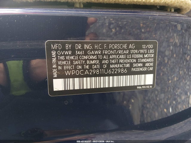 45192237 :رقم المزاد ، WP0CA29811U622986 vin ، 2001 Porsche Boxster مزاد بيع
