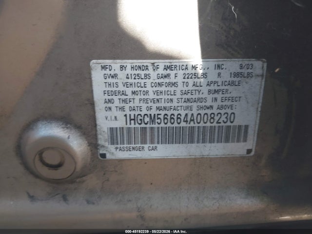 Aukcja sprzedaży 2004 Honda Accord 2.4 Ex, vin: 1HGCM56664A008230, numer aukcji: 45192239