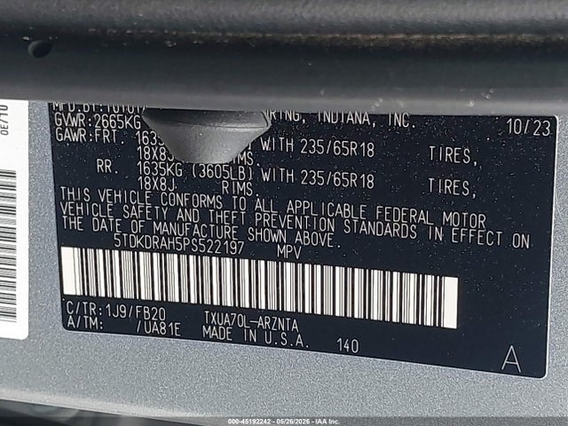 Продаж на аукціоні авто 2023 Toyota Highlander Le, vin: 5TDKDRAH5PS522197, номер лоту: 45192242