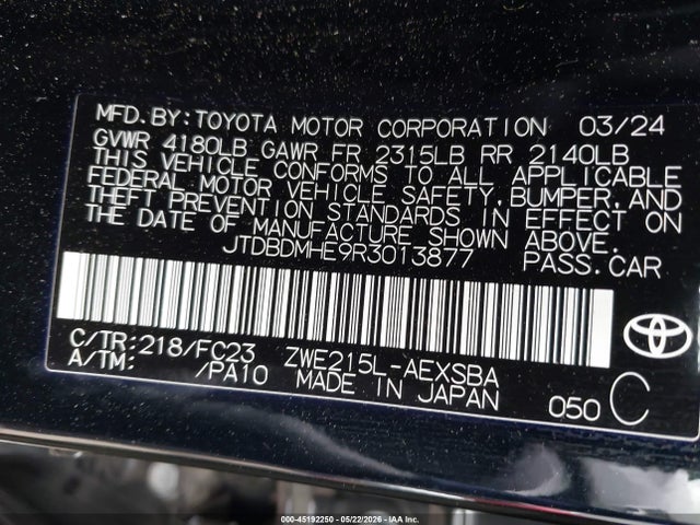 Auction sale of the 2024 Toyota Corolla Hybrid Se, vin: JTDBDMHE9R3013877, lot number: 45192250