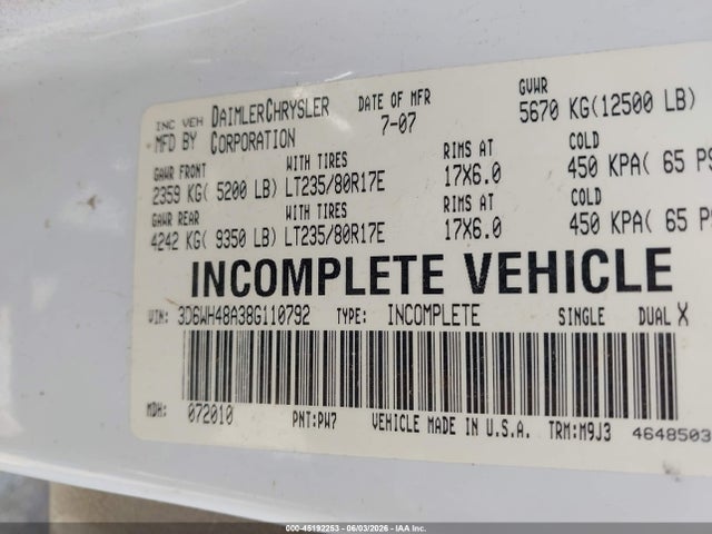 2008 Dodge Ram 3500 Hd Chassis St/slt/laramie მანქანა იყიდება აუქციონზე, vin: 3D6WH48A38G110792, აუქციონის ნომერი: 45192253