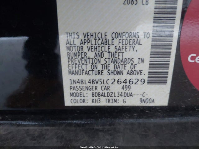 45192267 :رقم المزاد ، 1N4BL4BV5LC264629 vin ، 2020 Nissan Altima S Fwd مزاد بيع