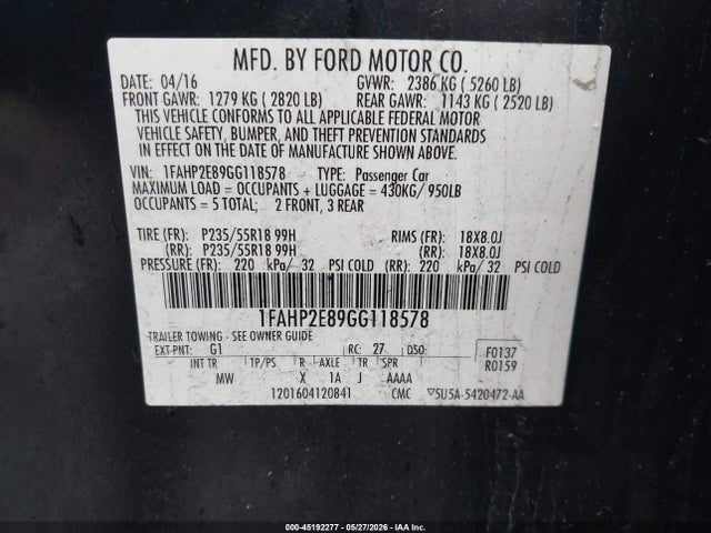 Aukcja sprzedaży 2016 Ford Taurus Sel, vin: 1FAHP2E89GG118578, numer aukcji: 45192277