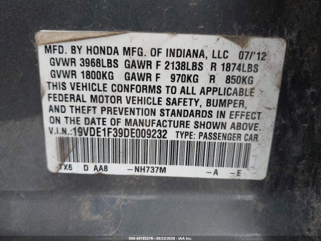 2013 Acura Ilx 2.0l მანქანა იყიდება აუქციონზე, vin: 19VDE1F39DE009232, აუქციონის ნომერი: 45192276