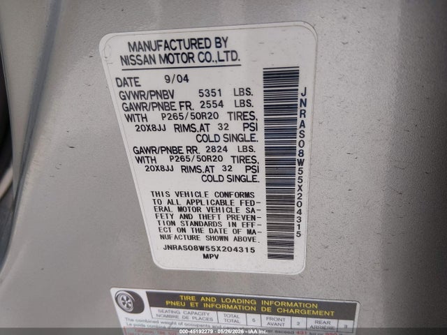 Продаж на аукціоні авто 2005 Infiniti Fx35, vin: JNRAS08W55X204315, номер лоту: 45192279