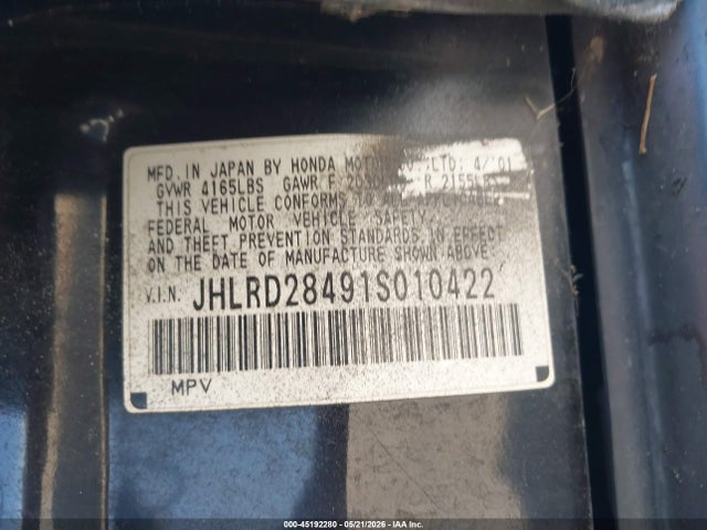 45192280 :رقم المزاد ، JHLRD28491S010422 vin ، 2001 Honda Cr-v Lx مزاد بيع