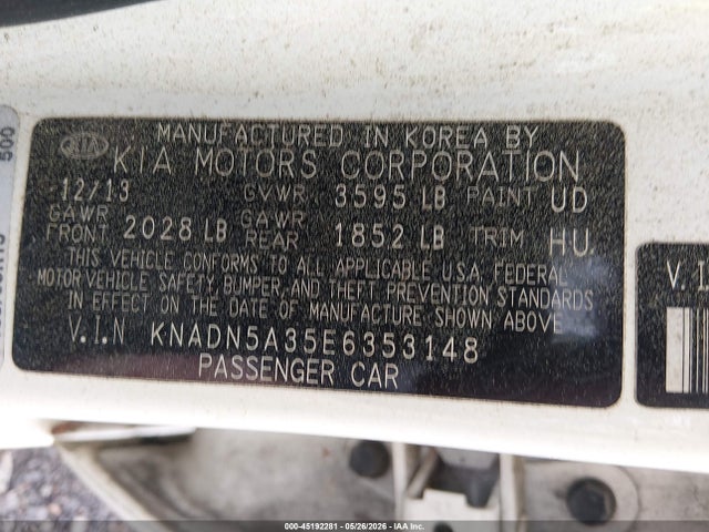 45192281 :رقم المزاد ، KNADN5A35E6353148 vin ، 2014 Kia Rio Ex مزاد بيع