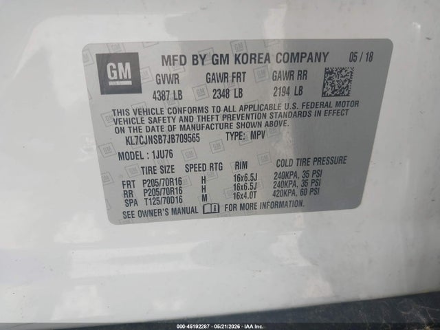 Продажа на аукционе авто 2018 Chevrolet Trax Ls, vin: KL7CJNSB7JB709565, номер лота: 45192287