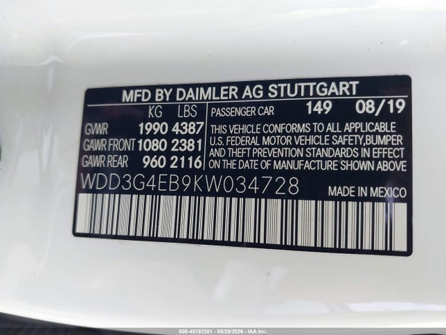 Aukcja sprzedaży 2019 Mercedes-benz A 220, vin: WDD3G4EB9KW034728, numer aukcji: 45192301