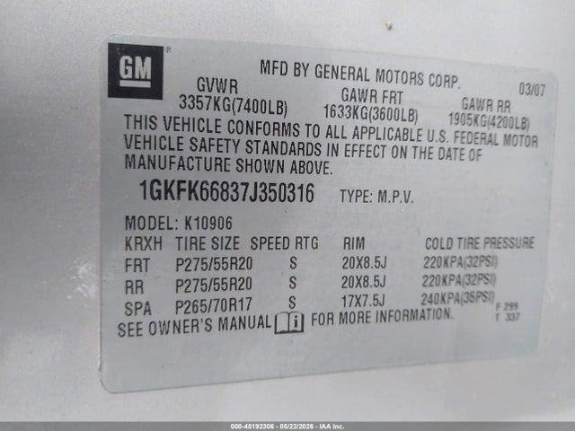 Продажа на аукционе авто 2007 Gmc Yukon Xl 1500 Denali, vin: 1GKFK66837J350316, номер лота: 45192306