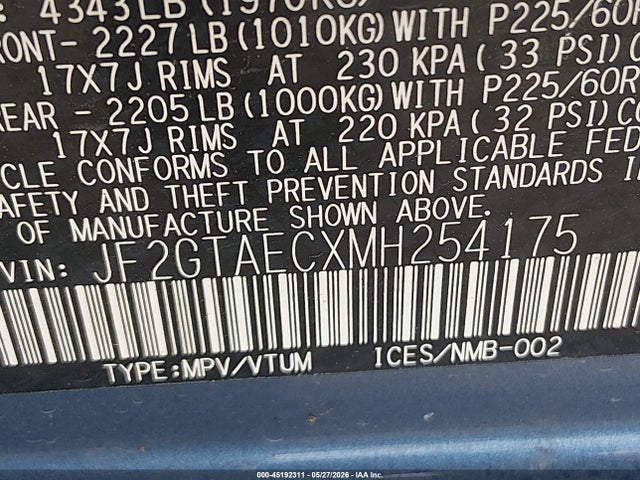 2021 Subaru Crosstrek Premium მანქანა იყიდება აუქციონზე, vin: JF2GTAECXMH254175, აუქციონის ნომერი: 45192311