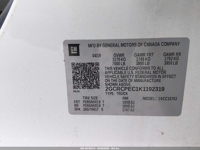 Aukcja sprzedaży 2019 Chevrolet Silverado 1500 Ld Lt, vin: 2GCRCPEC1K1192319, numer aukcji: 45192314