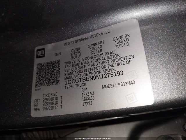 45192325 :رقم المزاد ، 1GCGTBEN9M1275193 vin ، 2021 Chevrolet Colorado 4wd  Short Box Wt مزاد بيع