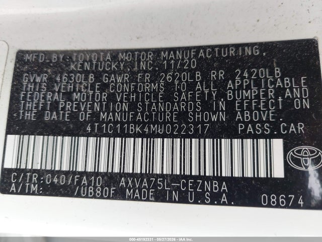 Продаж на аукціоні авто 2021 Toyota Camry Le Awd, vin: 4T1C11BK4MU022317, номер лоту: 45192331