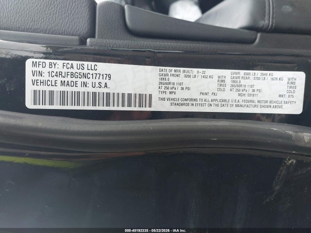 Aukcja sprzedaży 2022 Jeep Grand Cherokee Wk Limited 4x4, vin: 1C4RJFBG5NC177179, numer aukcji: 45192335