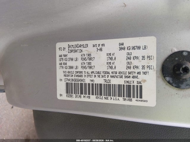 45192337 :رقم المزاد ، 1D7HA18N36S649431 vin ، 2006 Dodge Ram 1500 Slt مزاد بيع
