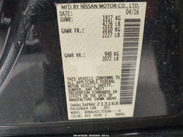 Aukcja sprzedaży 2016 Nissan Altima 2.5 Sr, vin: 1N4AL3AP6GC213168, numer aukcji: 45192356