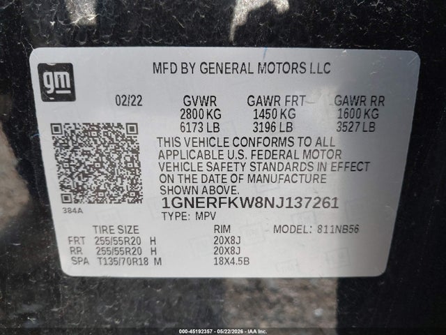 1GNERFKW8NJ137261 Chevrolet Traverse Fwd Ls