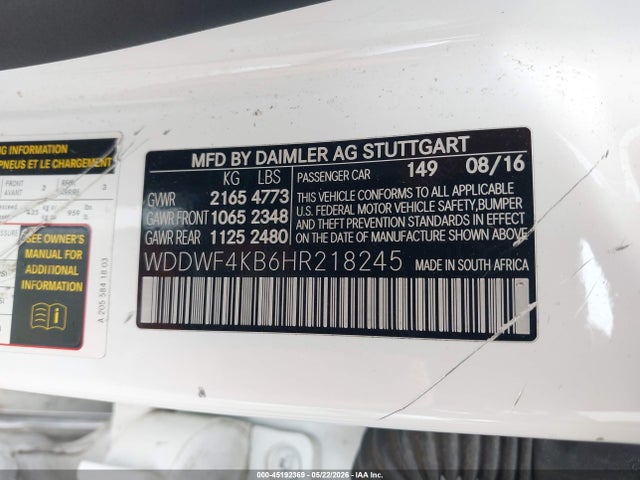 Aukcja sprzedaży 2017 Mercedes-benz C 300 4matic, vin: WDDWF4KB6HR218245, numer aukcji: 45192369
