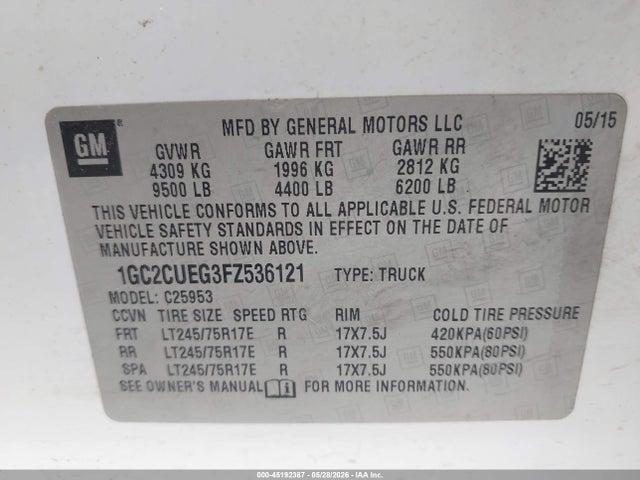 45192387 :رقم المزاد ، 1GC2CUEG3FZ536121 vin ، 2015 Chevrolet Silverado 2500hd Wt مزاد بيع