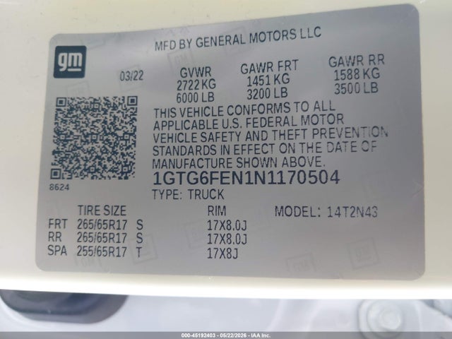 Aukcja sprzedaży 2022 Gmc Canyon 4wd  Short Box At4 - Cloth, vin: 1GTG6FEN1N1170504, numer aukcji: 45192403