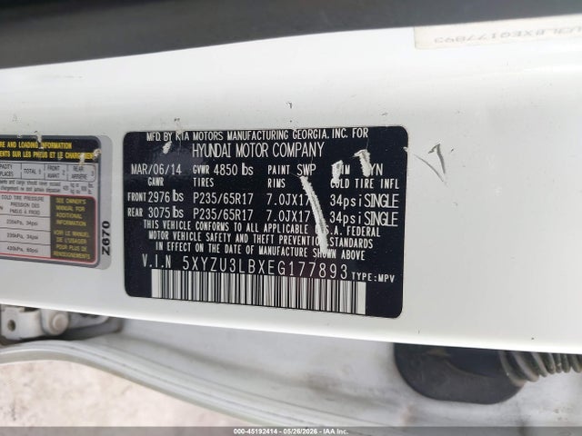 Aukcja sprzedaży 2014 Hyundai Santa Fe Sport 2.4l, vin: 5XYZU3LBXEG177893, numer aukcji: 45192414