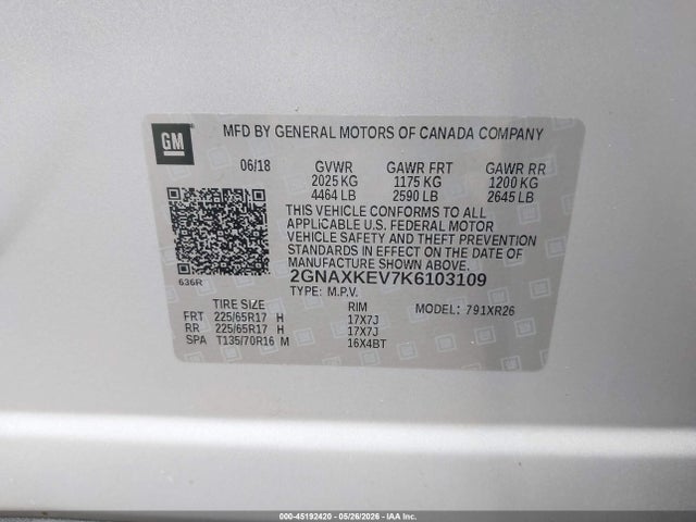 Продажа на аукционе авто 2019 Chevrolet Equinox Lt, vin: 2GNAXKEV7K6103109, номер лота: 45192420