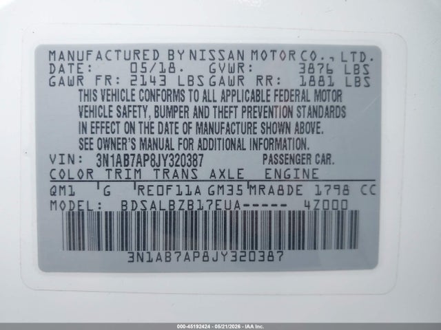 Aukcja sprzedaży 2018 Nissan Sentra S, vin: 3N1AB7AP8JY320387, numer aukcji: 45192424