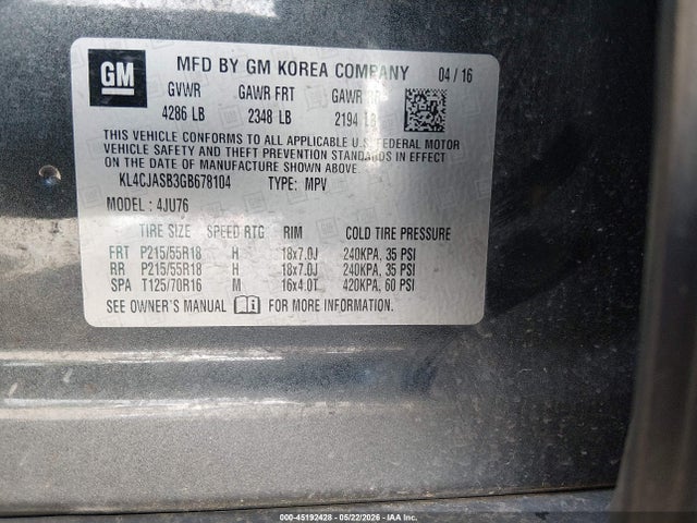 Aukcja sprzedaży 2016 Buick Encore, vin: KL4CJASB3GB678104, numer aukcji: 45192428