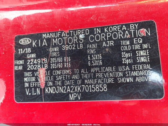 45192431 :رقم المزاد ، KNDJN2A2XK7015858 vin ، 2019 Kia Soul مزاد بيع