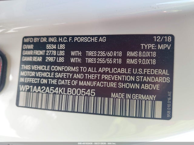 Продажа на аукционе авто 2019 Porsche Macan, vin: WP1AA2A54KLB00545, номер лота: 45192438