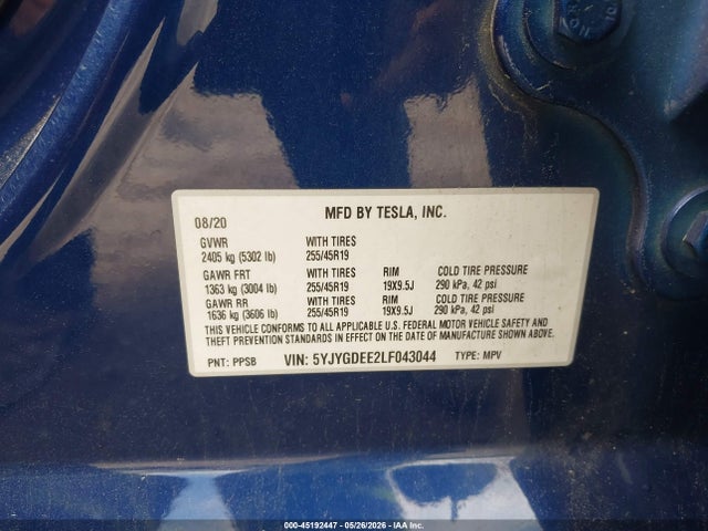 Продажа на аукционе авто 2020 Tesla Model Y Long Range Dual Motor All-wheel Drive, vin: 5YJYGDEE2LF043044, номер лота: 45192447