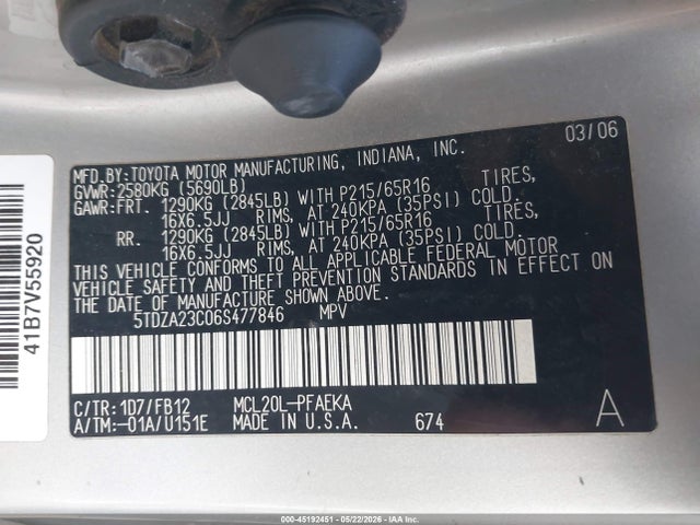 Aukcja sprzedaży 2006 Toyota Sienna Ce, vin: 5TDZA23C06S477846, numer aukcji: 45192451