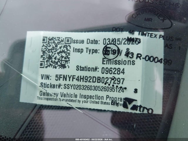 Aukcja sprzedaży 2013 Honda Pilot Touring, vin: 5FNYF4H92DB027297, numer aukcji: 45192452