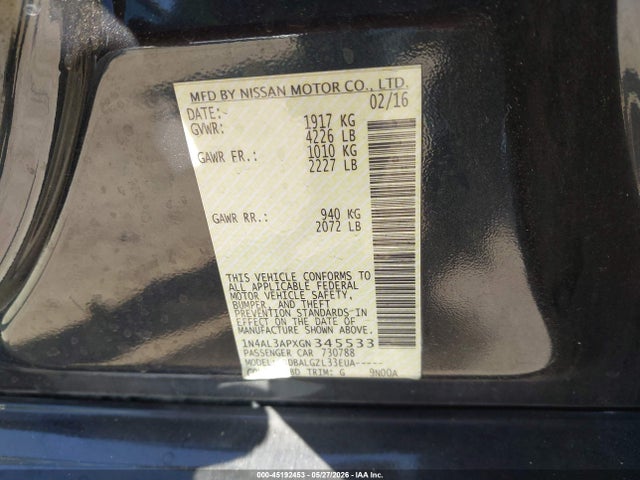 1N4AL3APXGN345533 Nissan Altima 2.5/2.5 S/2.5 Sl/2.5 Sr/2.5 Sv