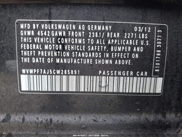 2012 Volkswagen Golf R 4-door მანქანა იყიდება აუქციონზე, vin: WVWPF7AJ5CW285891, აუქციონის ნომერი: 45192477