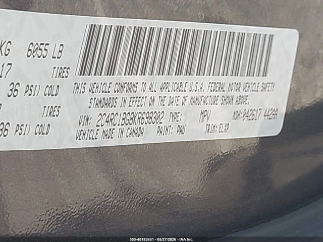 Продаж на аукціоні авто 2019 Chrysler Pacifica Touring L, vin: 2C4RC1BG8KR698302, номер лоту: 45192481